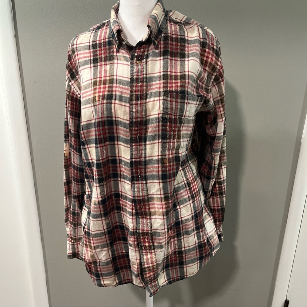 Bass Men's Casual Plaid Shirt - Red, Blue, Cream. Back Merry Christmas Ya’ll
